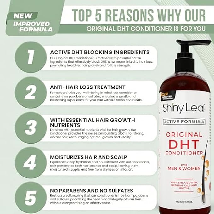 Shiny Leaf DHT BLOCKER CONDITIONER FOR HAIR LOSS WITH ROSEMARY AND GREEN TEA EXTRACTS, ANTI-HAIR LOSS CONDITIONER FOR HAIR GROWTH FOR MEN & WOMEN, FOR SOFTER & SMOOTHER HAIR, PARABEN & SULFATE FREE, 16 OZ - Image 3